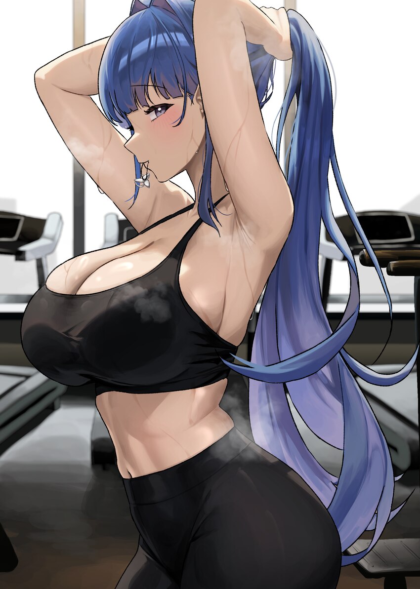 1girl absurdres alternate costume arcana (nikke) armpits arms up bare shoulders black leggings black sports bra blue eyes blue hair blush breasts cle…