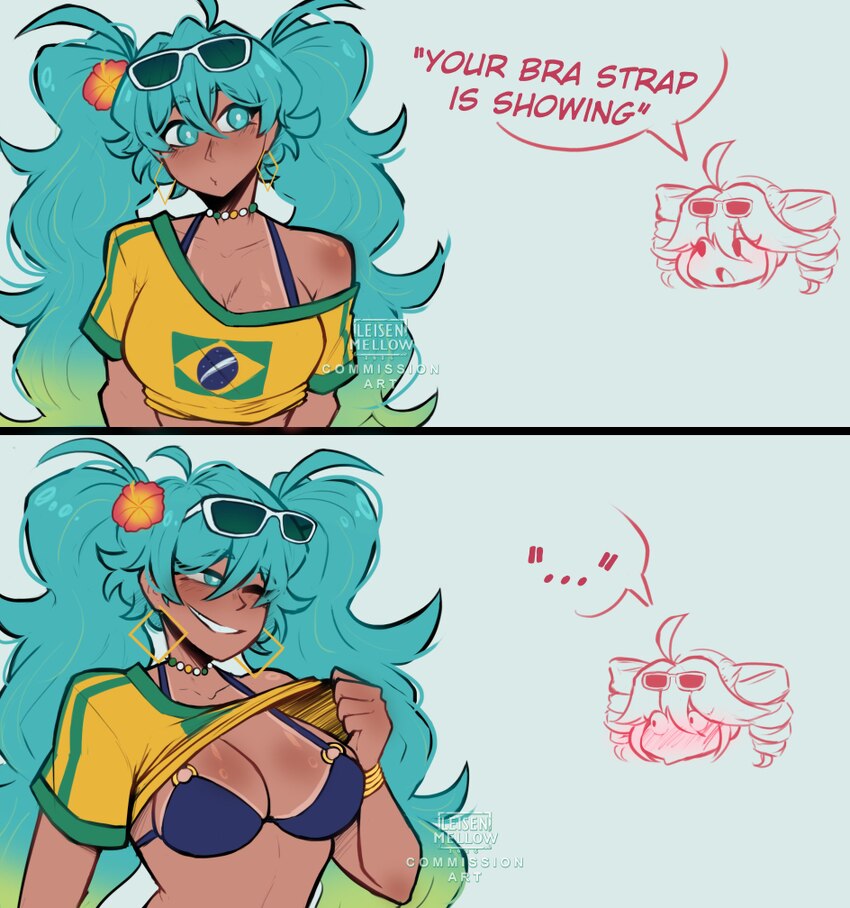 ... 2girls 2koma ahoge alternate breast size (larger) aqua eyes aqua hair black bra bra bra strap brazilian flag brazilian flag print brazilian miku …