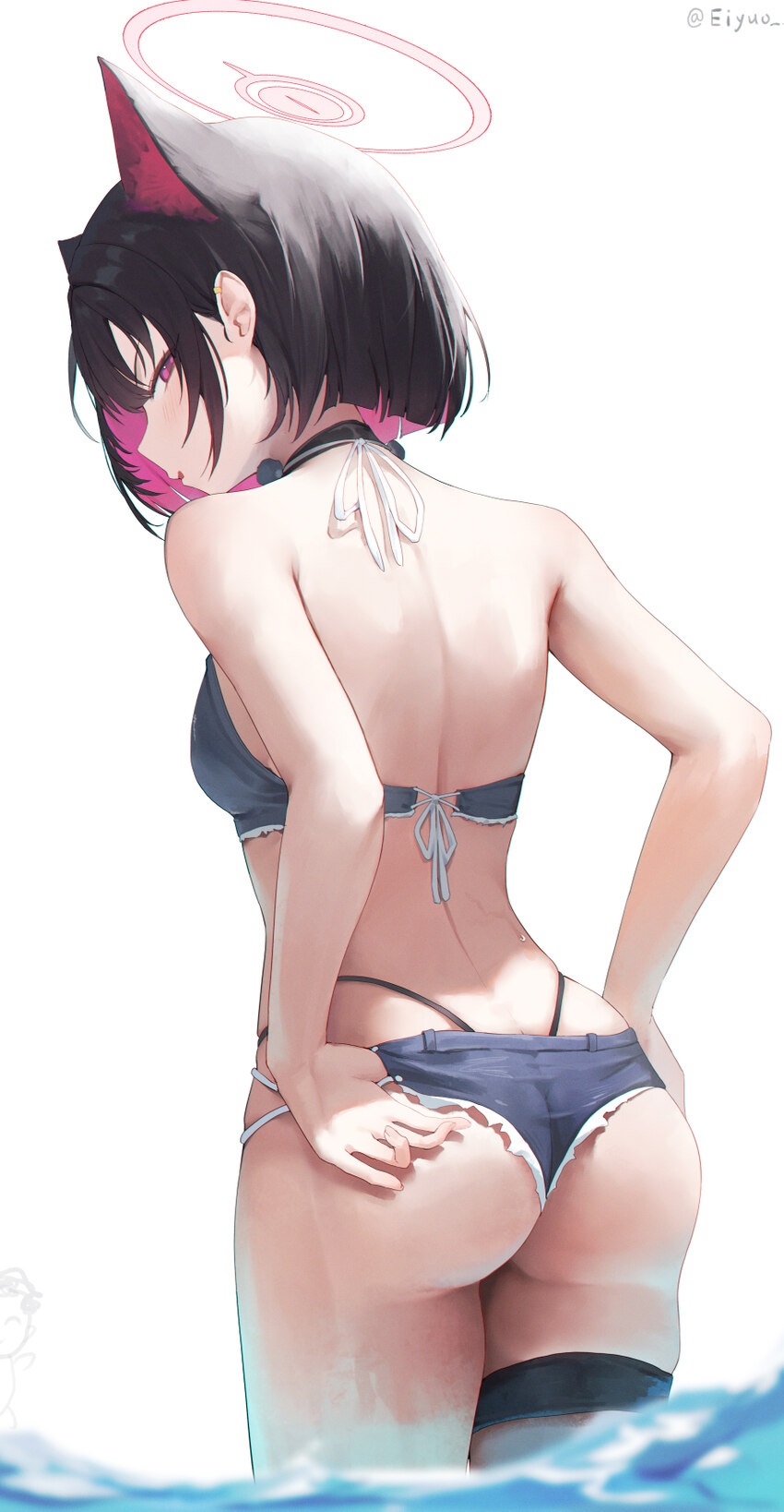 1girl absurdres animal ears ass belt bikini bikini bottom under shorts bikini under clothes black hair blue archive cat ears cat girl colored inner a…