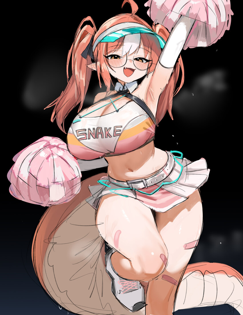 1girl  d absurdres ahoge aqua visor cap arknights arm up armpits bandaid bandaid on leg belt belt buckle black background blush breasts brown hair bu…
