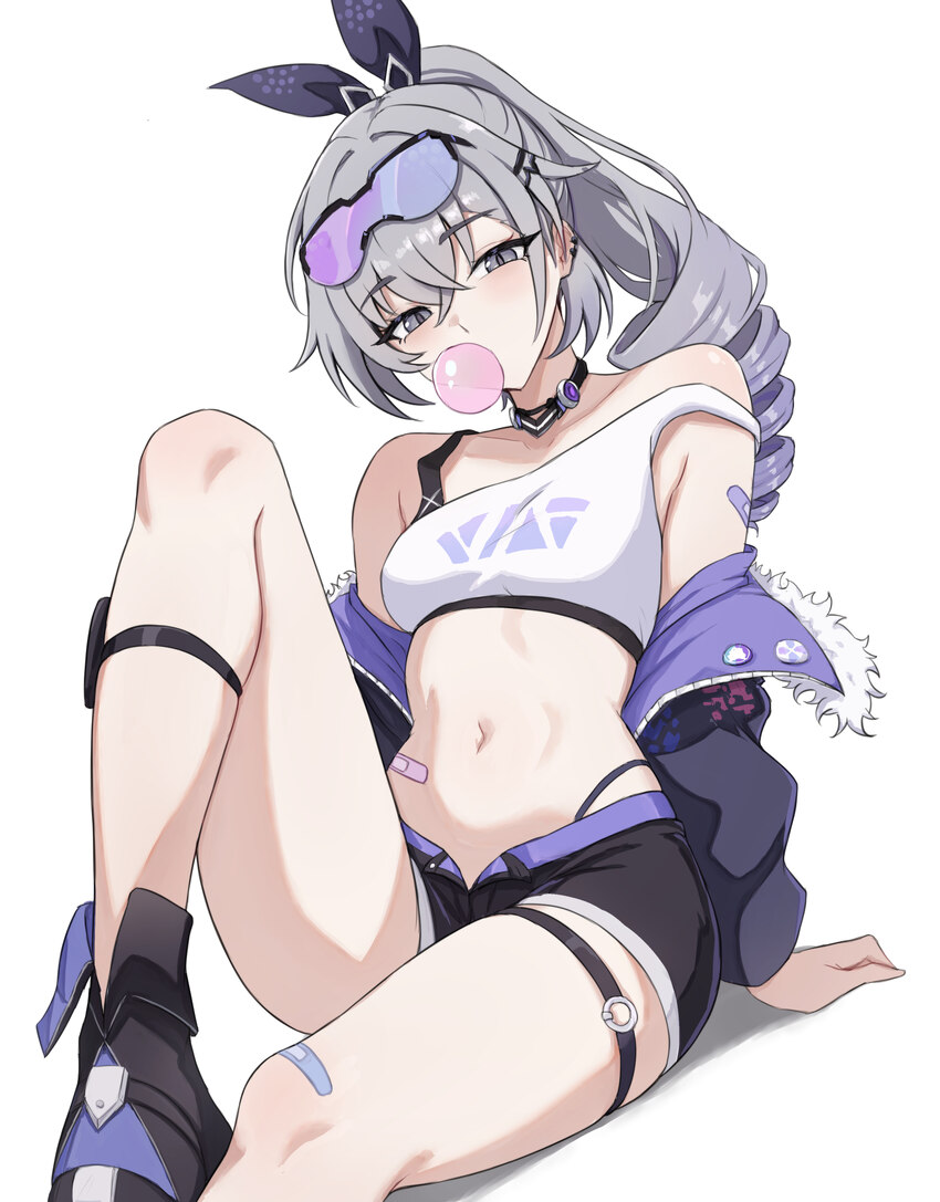 1girl arm support bare shoulders black boots black choker black shorts blowing bubble gum boots breasts chewing gum choker commentary crop top drill …