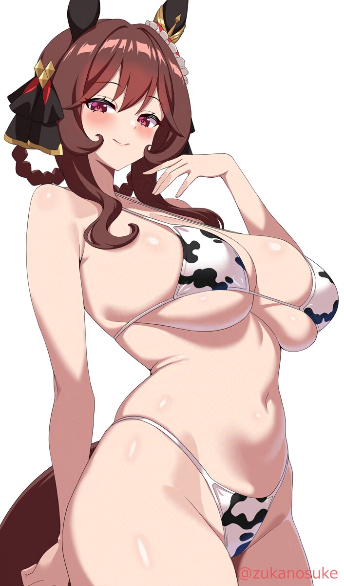 1girl animal ears animal print bikini blush breasts brown hair closed mouth commentary request cow print cow print bikini gentildonna (umamusume) han…