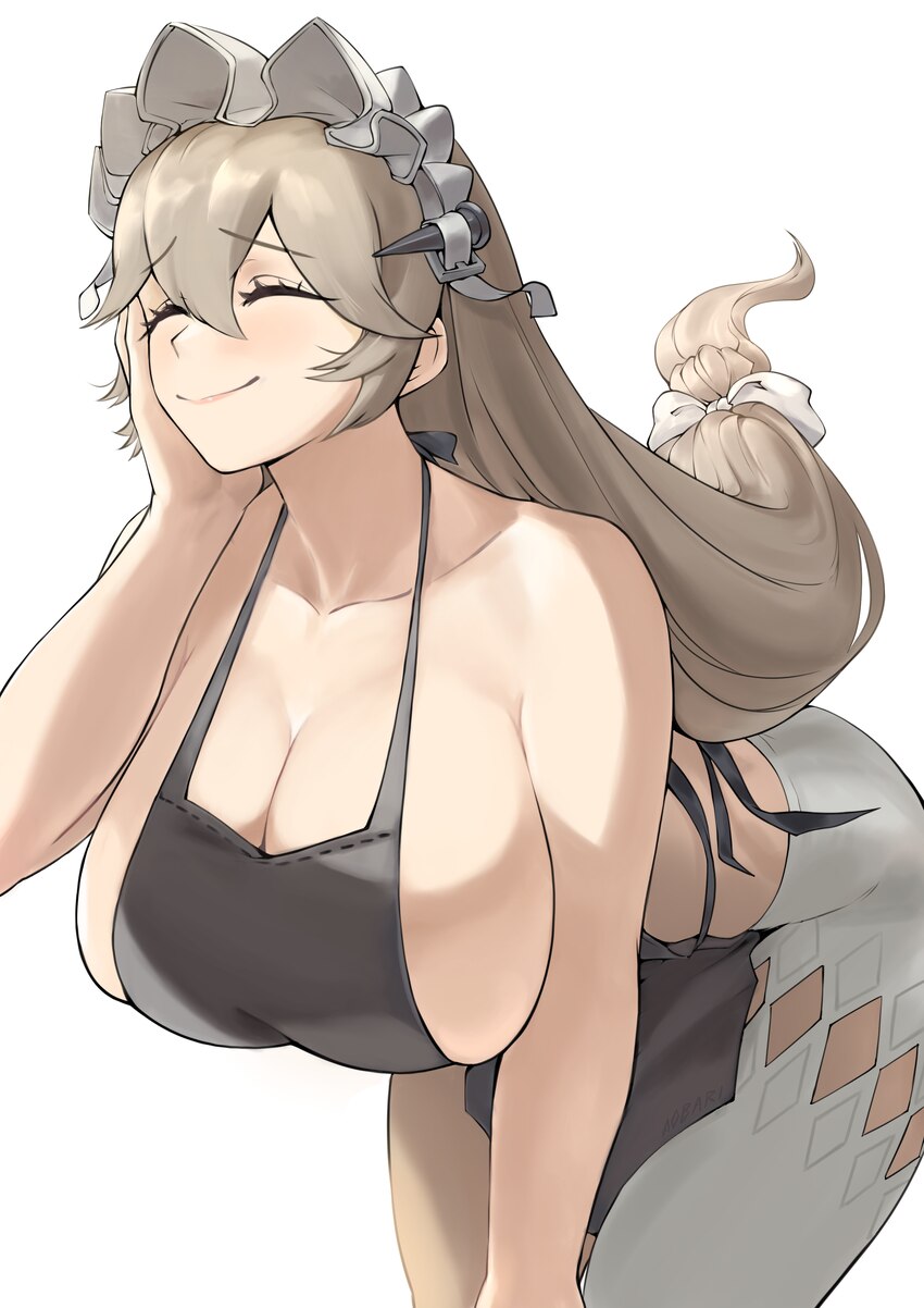 1girl absurdres alexandrina sebastiane apron black apron breasts cleavage commentary curvy grey hair highres huge breasts leaning forward long hair l…