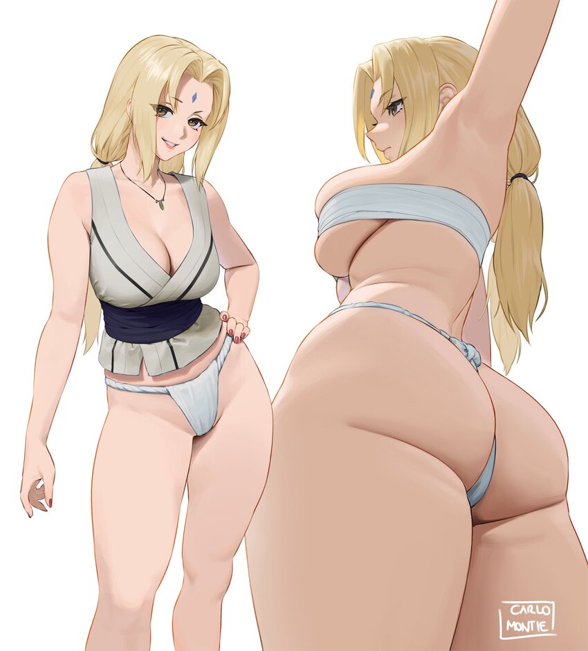 1girl armpits artist name ass bandaged chest blonde hair breasts brown eyes carlo montie commentary facial mark forehead mark from below fundoshi hig…
