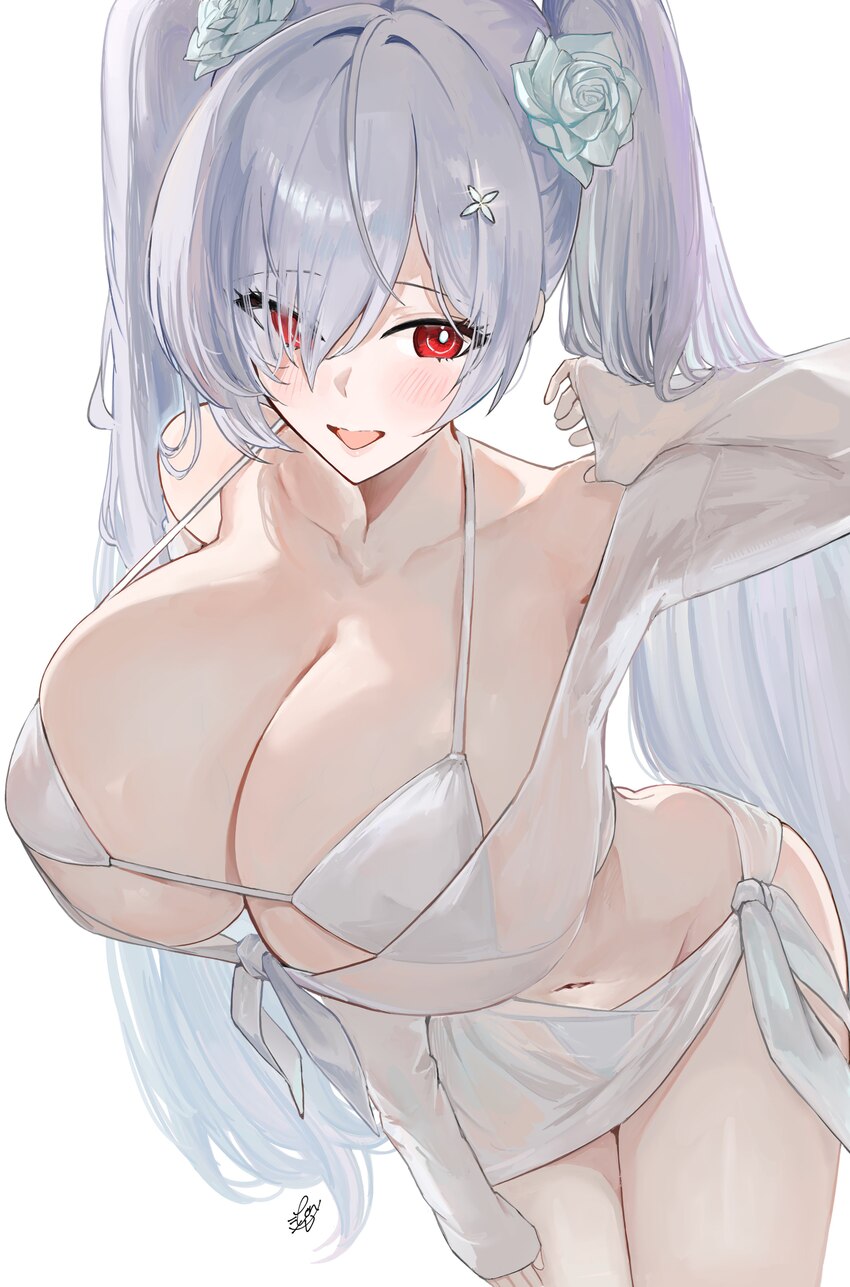 1girl absurdres aqua flower aqua rose bikini breasts bright pupils cinderella (crystal wave) (nikke) cinderella (nikke) collarbone flower goddess of …