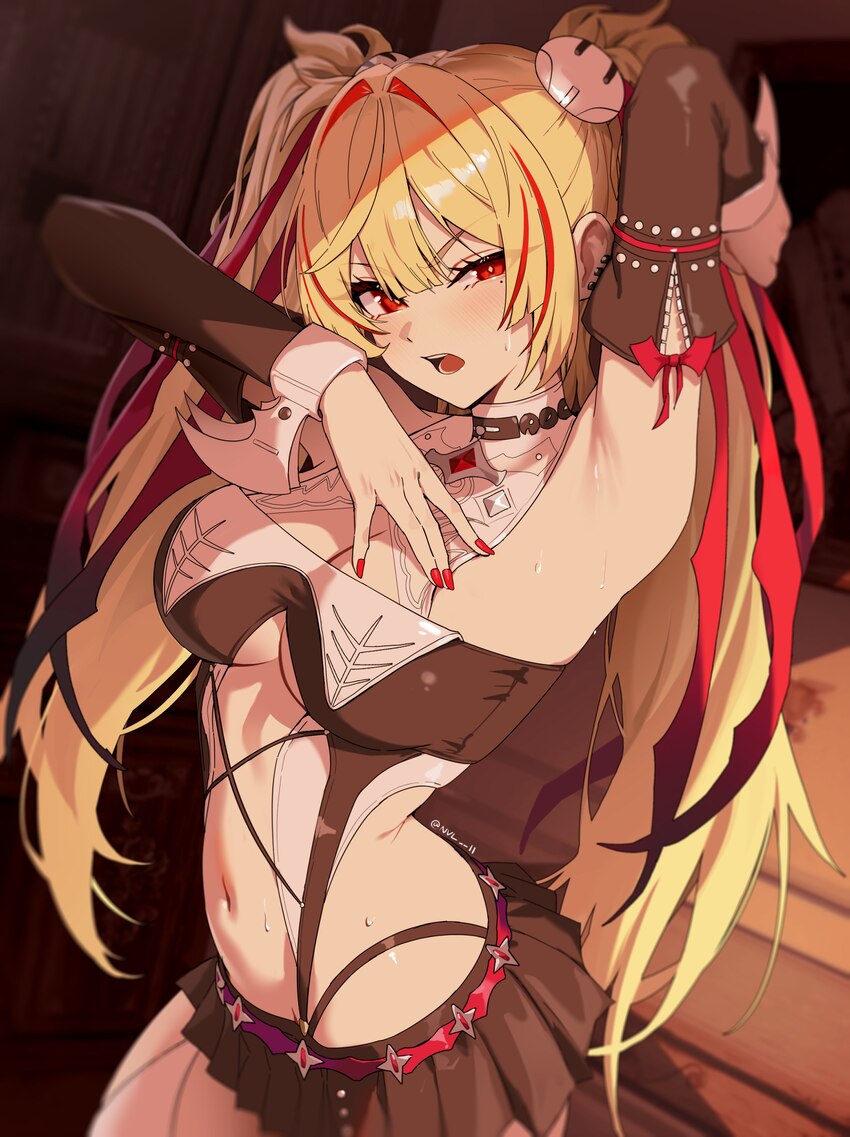 1girl absurdres arm behind head arm up armpits arms up black skirt blonde hair breasts claret flint cleavage commentary cowboy shot fingernails hair …