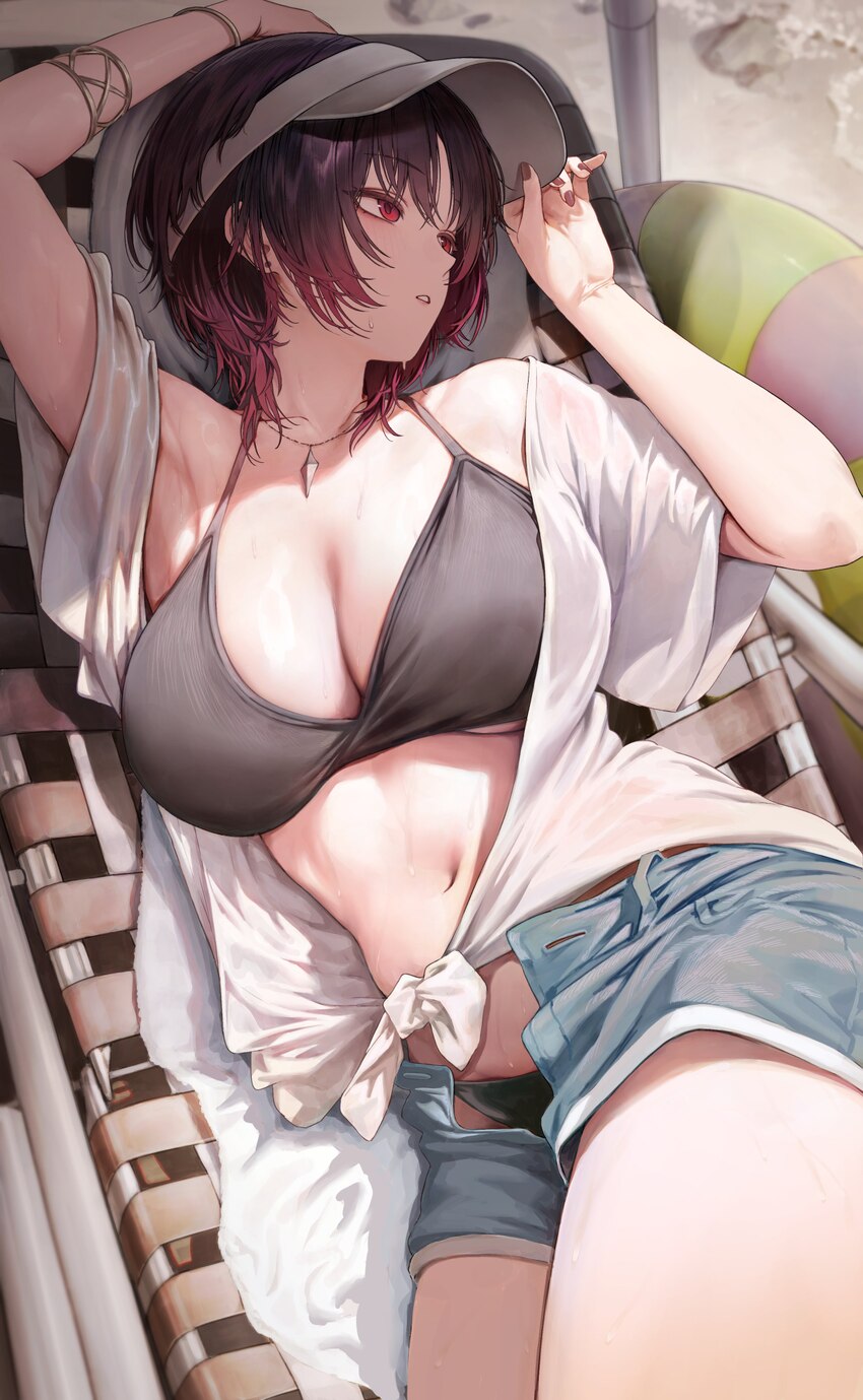 1girl absurdres armpits beach bikini black bikini black hair blue shorts breasts cleavage commentary gradient hair highres jewelry kisaragi ren (summ…