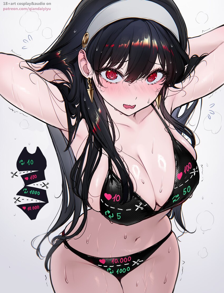 1girl @ @ absurdres adjusting hair alternate costume armpits arms behind head arms up bikini black bikini black hair blush breasts cleavage commentar…