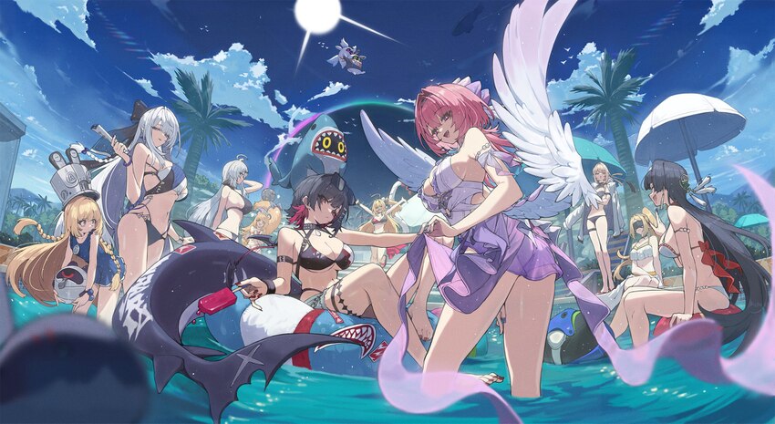 6+girls ahoge angel wings animal ears ass astra yao bangboo (zenless zone zero) bikini black bikini black hair blonde hair blue nails blue one-piece …