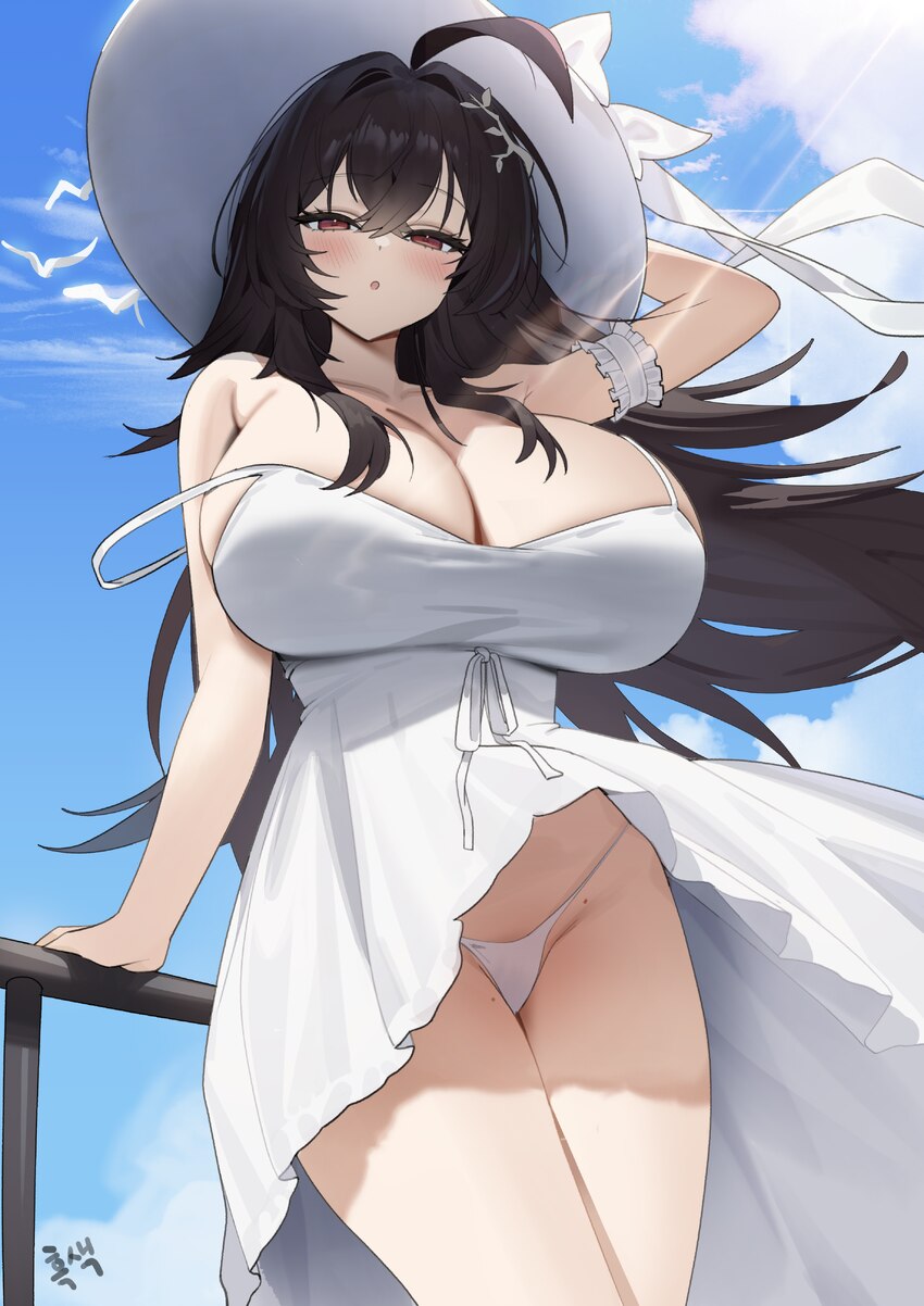 1girl absurdres ahoge artist request black hair blue sky blush breasts cleavage commentary request commission cowboy shot day dress flower hair flowe…