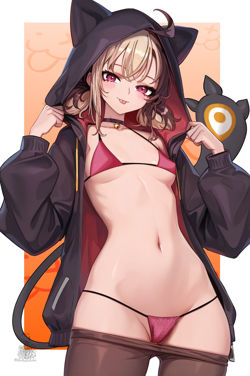 1girl  p absurdres ahoge alternate costume animal hood bell black jacket black pantyhose blonde hair bra breasts brown hair cat hood clothes pull com…