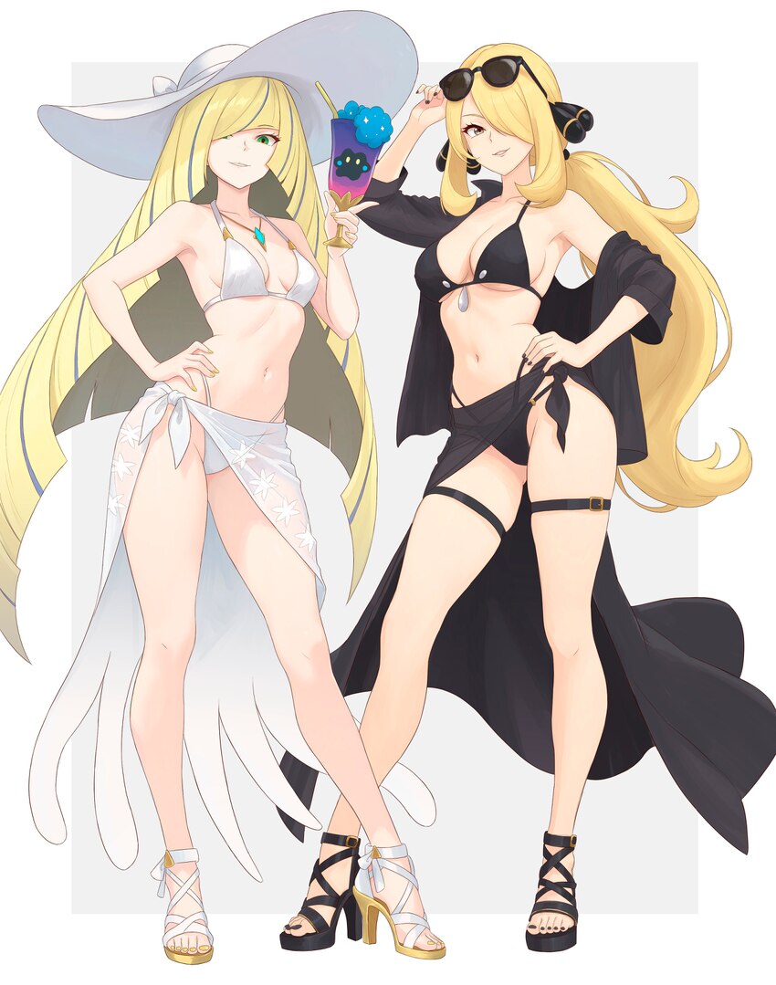 2girls absurdres adjusting eyewear bare shoulders bikini black-framed eyewear black bikini black nails black sarong black shirt blonde hair breasts c…