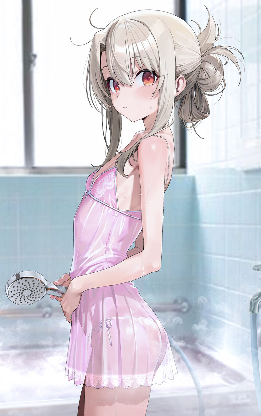 1girl ass bathroom blush breasts chinese commentary commentary request cowboy shot fate/kaleid liner prisma illya fate (series) from side highres hol…