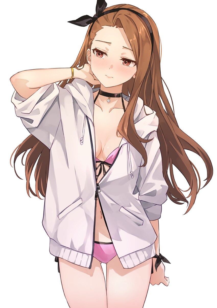 1girl 3  absurdres arm behind head averting eyes b1ack illust bikini bikini under clothes black choker black hairband blush breasts brown hair choker…