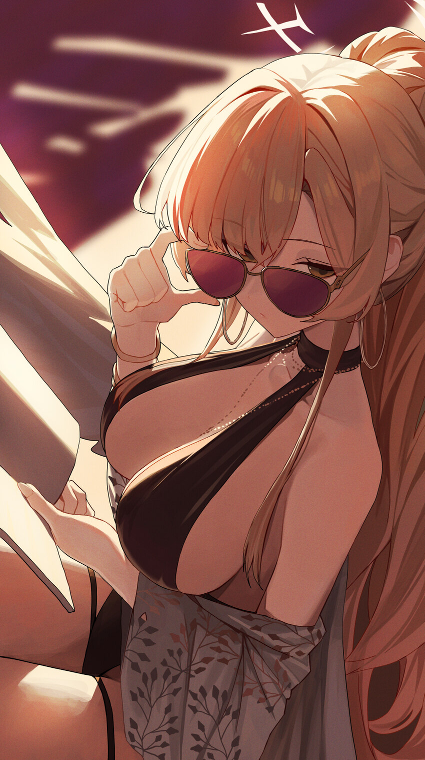 1girl absurdres black one-piece swimsuit blue archive book breasts brown hair chinese commentary commentary earrings halo highres holding holding boo…