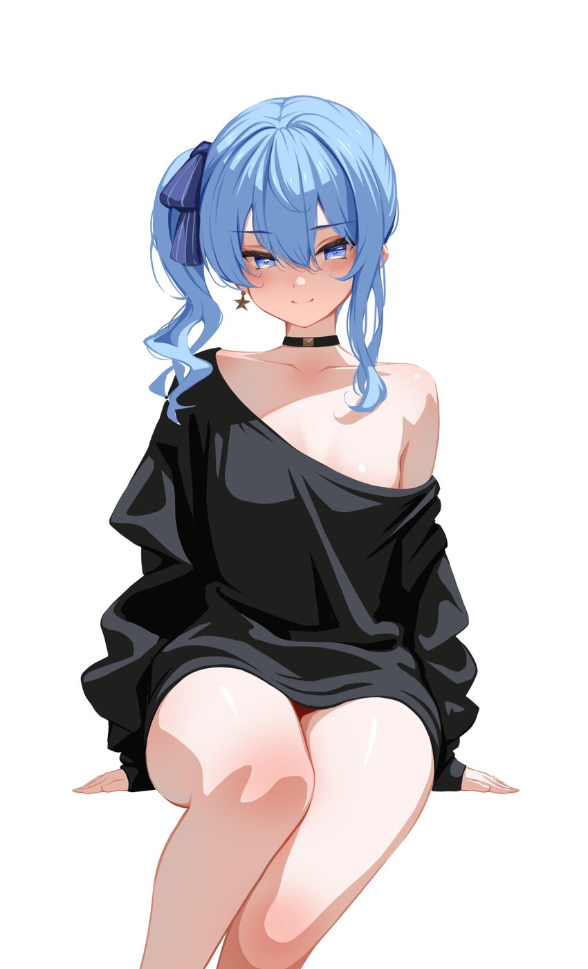1girl bare legs black choker black sweater blue eyes blue hair blue ribbon blush breasts choker collarbone commentary double-parted bangs dress earri…