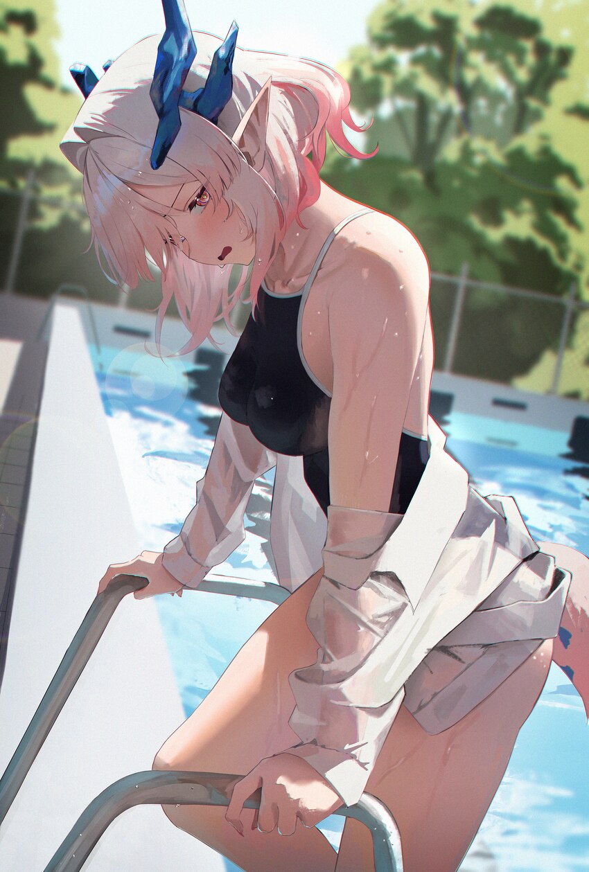 1girl absurdres alternate costume arknights arknights  endfield bare shoulders black one-piece swimsuit blue horns blurry blurry background blush bre…