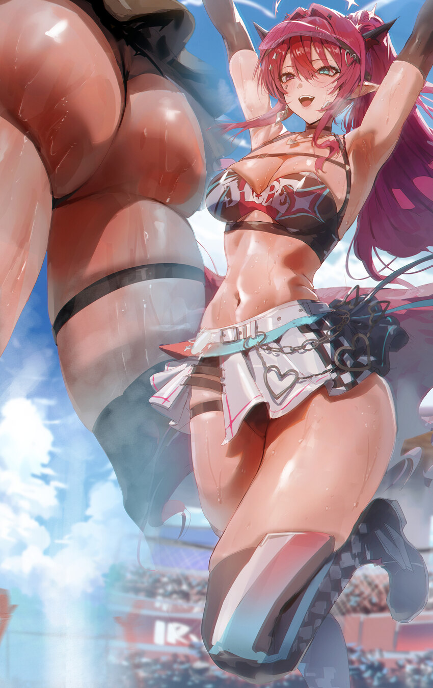 1girl absurdres armpits arms up ass bare shoulders black boots black panties blush boots breasts commentary day english commentary green eyes hair be…