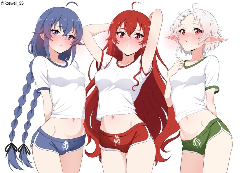 3girls absurdres ahoge arms behind back ass visible through thighs blue eyes blue hair blush braid breasts brown eyes commentary request cropped shir…