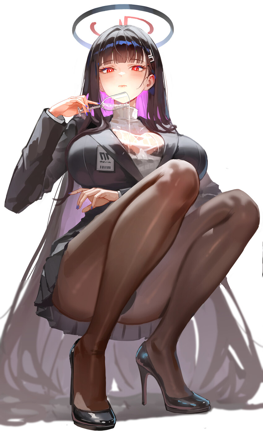 1girl absurdres black hair black halo black pantyhose blue archive breasts bright pupils colored inner hair commentary request full body haaakashi ha…