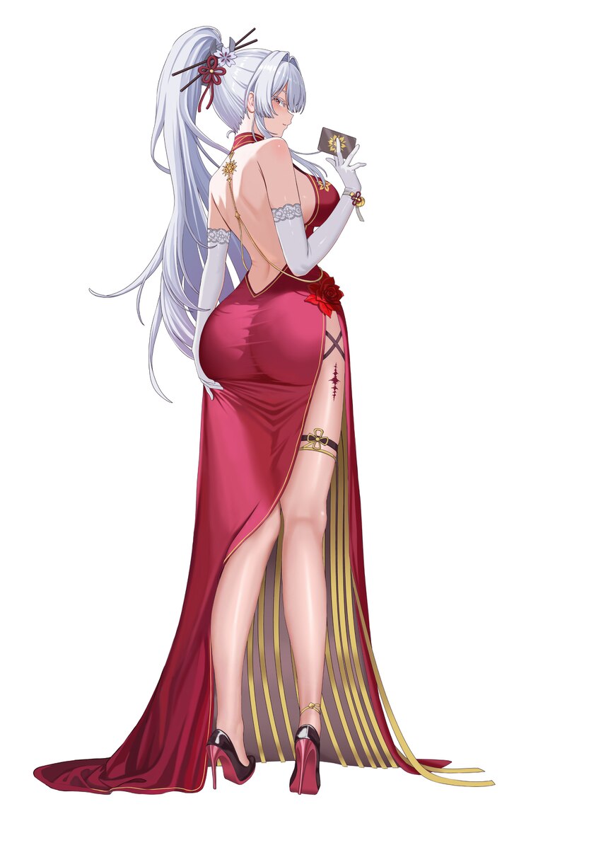 1girl absurdres alternate costume ass backless dress backless outfit bare shoulders black shoes breasts chinese commentary closed mouth commentary re…