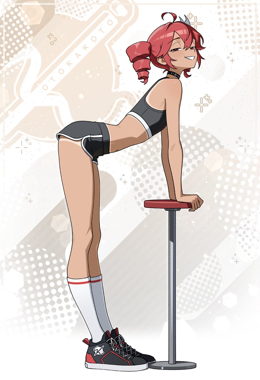 1girl absurdres ahoge alternate skin color artist name black shoes black shorts black sports bra commentary dark-skinned female dark skin dolphin sho…