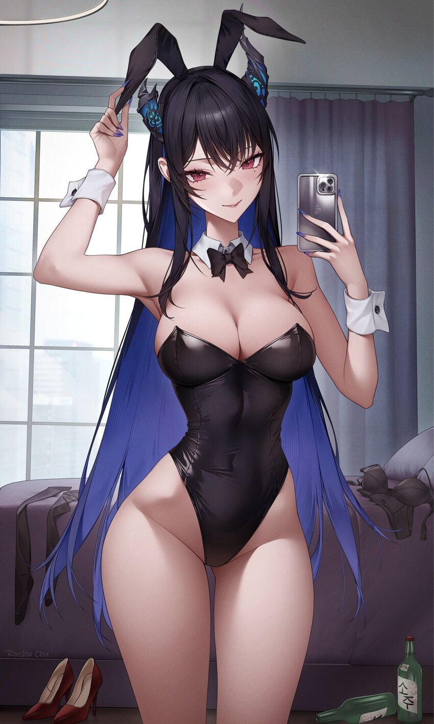 1girl adjusting clothes adjusting headwear alternate costume animal ear hairband animal ears asymmetrical horns bare shoulders bed black bow black bo…