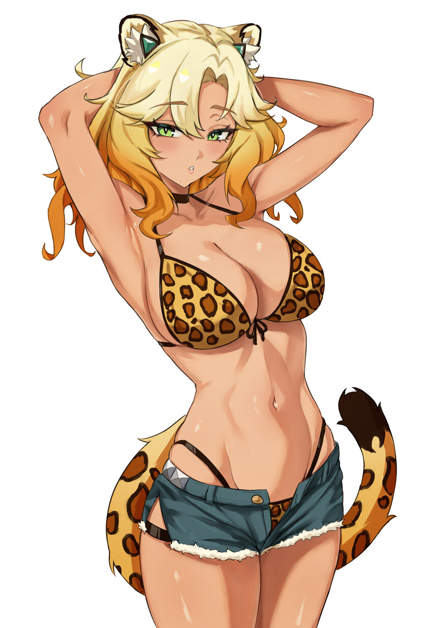 1girl alternate costume animal ears animal print armpits arms up bikini bikini under clothes black choker blonde hair breasts choker commentary cowbo…