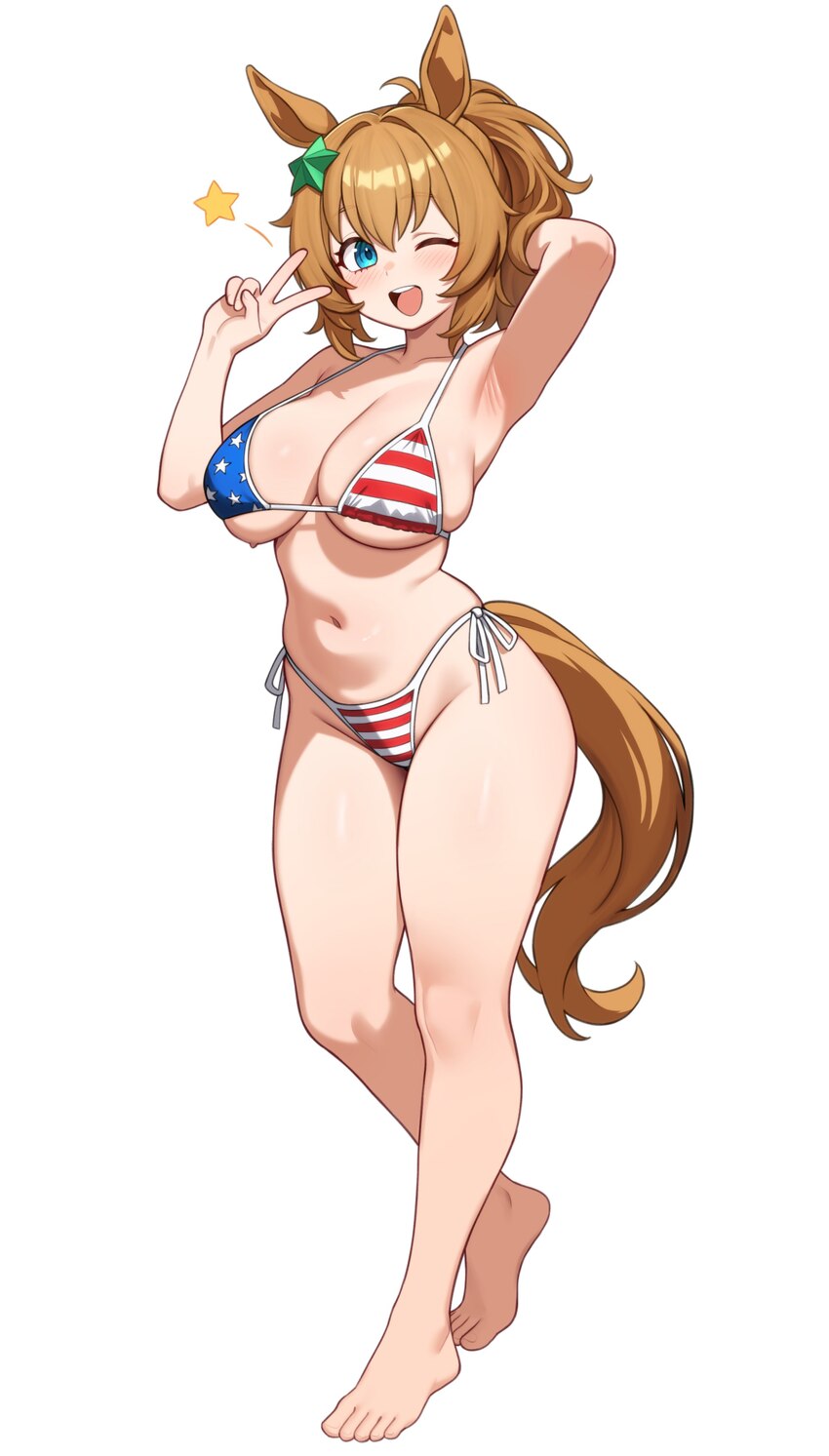 1girl  d absurdres american flag american flag bikini american flag print animal ears ankle arm behind head arm up armpits barefoot bikini blue eyes …