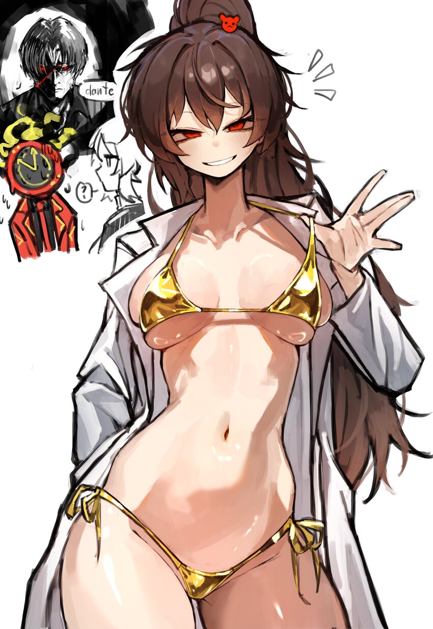 1boy 1other 2girls ? absurdres alternate costume bikini breasts brown hair carmen (project moon) coat commentary dante (limbus company) english comme…
