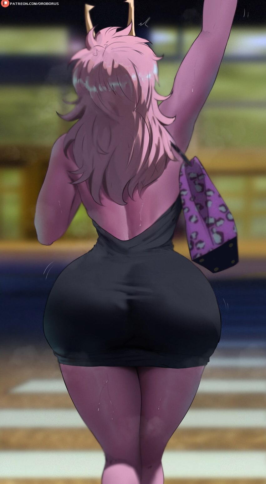 1girl aged up antennae arm up ashido mina ass backless dress backless outfit bag bare shoulders bilingual commentary black dress blurry blurry backgr…