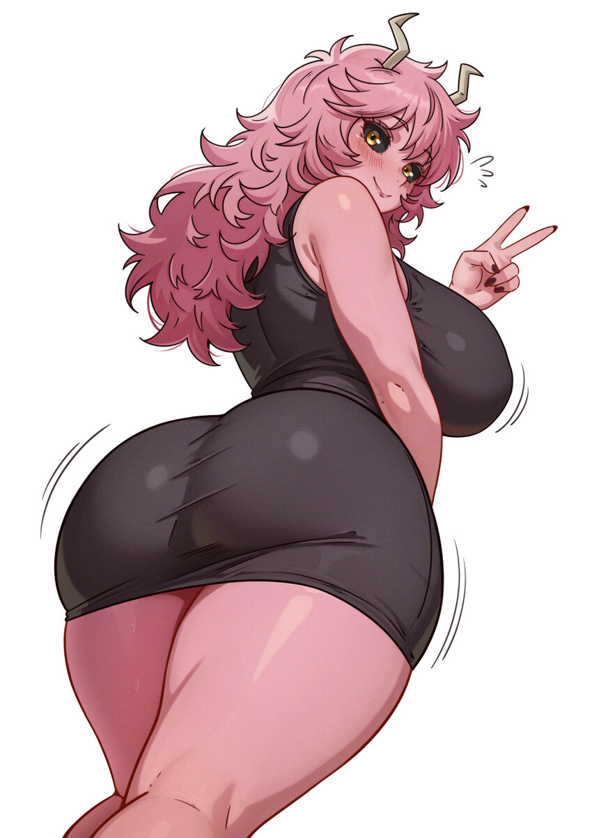 1girl absurdres ashido mina ass black dress boku no hero academia breasts colored skin commentary curvy dress english commentary highres horns huge a…