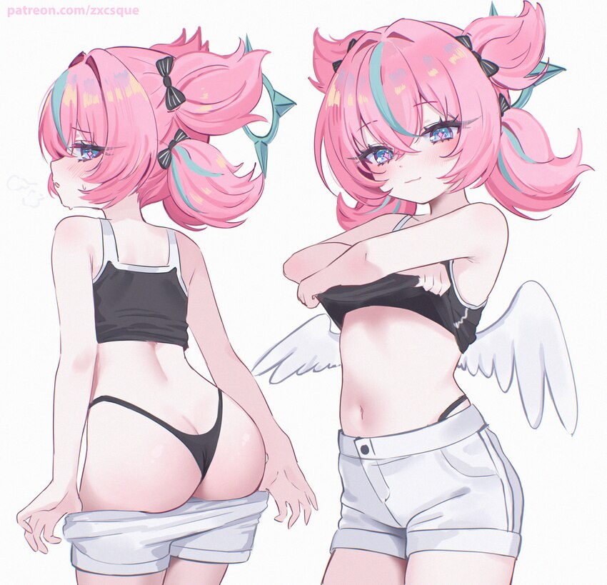 1girl absurdres aqua hair aria (human) (zenless zone zero) aria (zenless zone zero) ass bare arms bare shoulders black bow black panties black shirt …