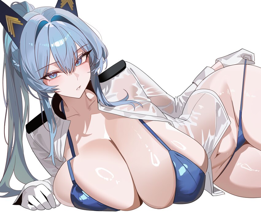 1girl alternate breast size (larger) bikini blue bikini blue eyes blue hair breasts cleavage commentary request gloves goddess of victory  nikke hair…