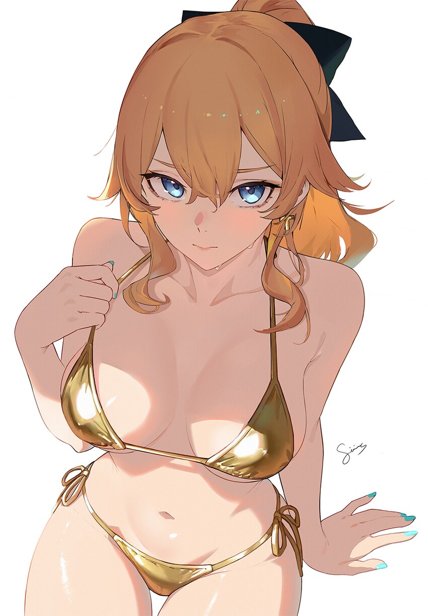1girl alternate costume arm support bikini black bow blonde hair blue eyes blue nails blush bow breasts closed mouth collarbone commentary cowboy sho…