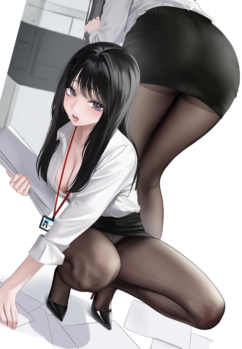 1girl abab xiaxia ass bent over black hair black shoes black skirt bra breasts brown pantyhose cleavage commentary request crotch seam eyelashes grey…