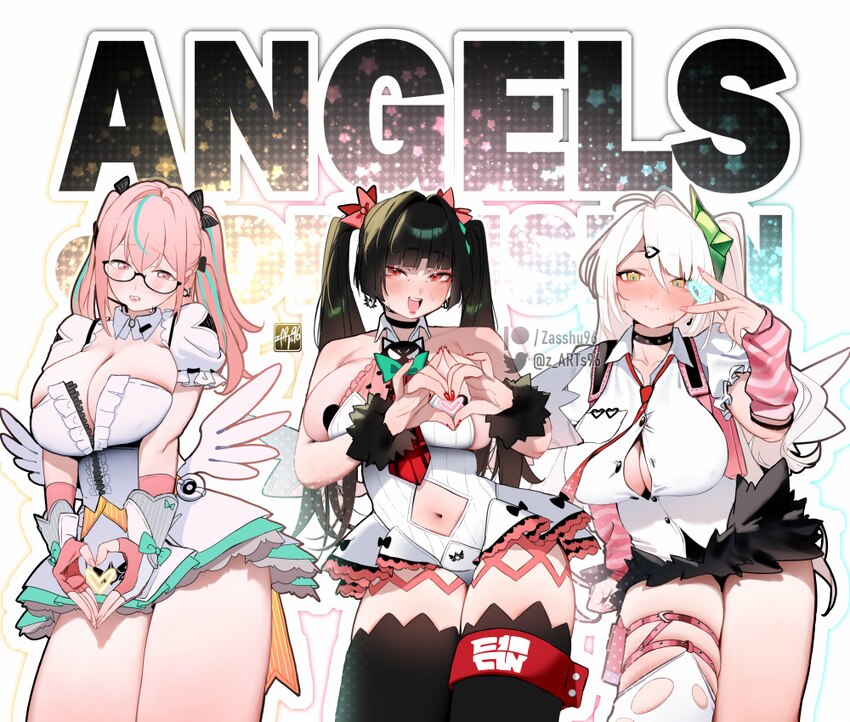3girls angels of delusion aria (human) (zenless zone zero) aria (zenless zone zero) aria (zenless zone zero) (cosplay) astra yao bare shoulders black…