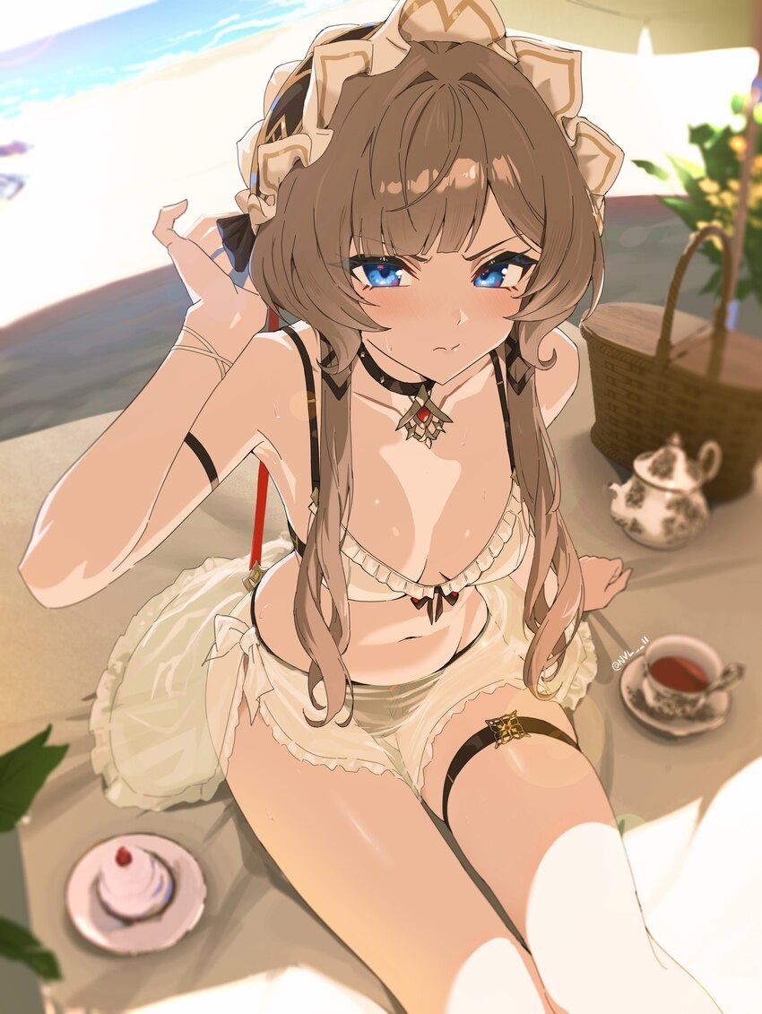 1girl absurdres alternate costume beach towel bikini bikini skirt black bikini blue eyes blush breasts brown hair closed mouth collarbone commentary …