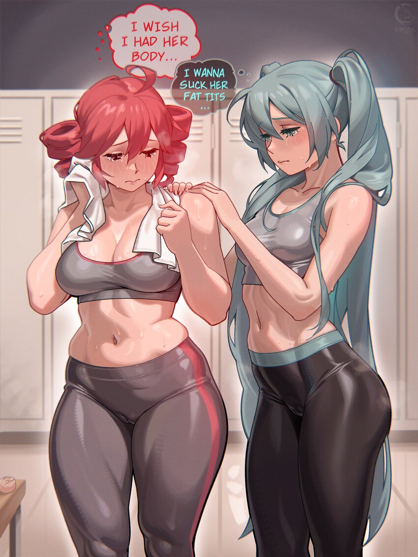2girls absurdres alternate breast size (larger) blue eyes blue hair blush breasts cleavage commentary drill hair english commentary fitness gym grey …