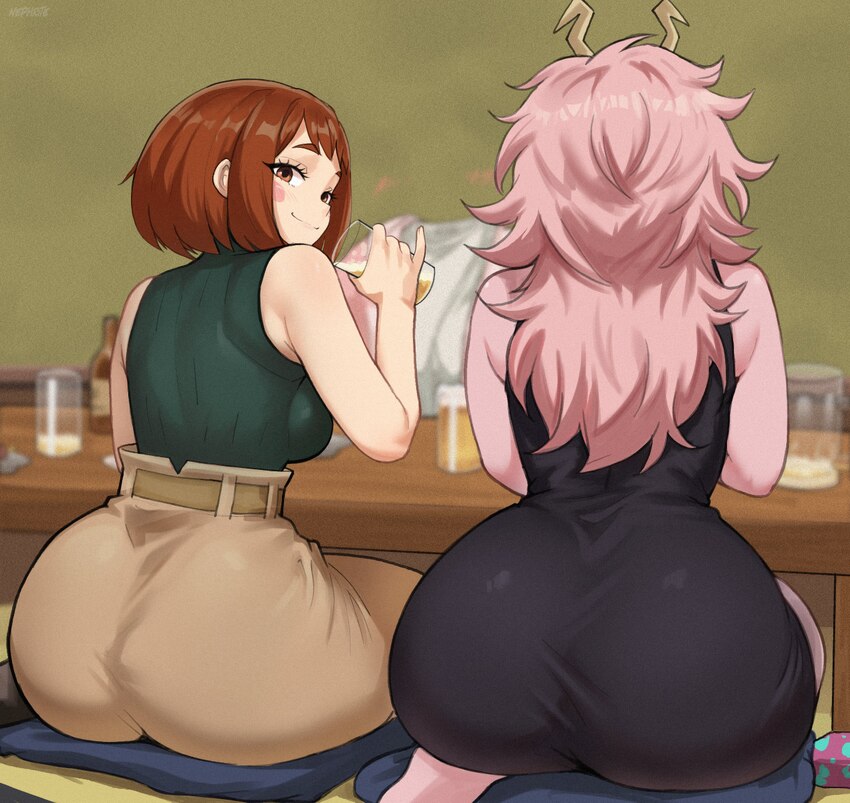 3girls aged up alcohol ashido mina ass beer beer mug belt black dress blurry blurry background blush blush stickers boku no hero academia bottle brea…