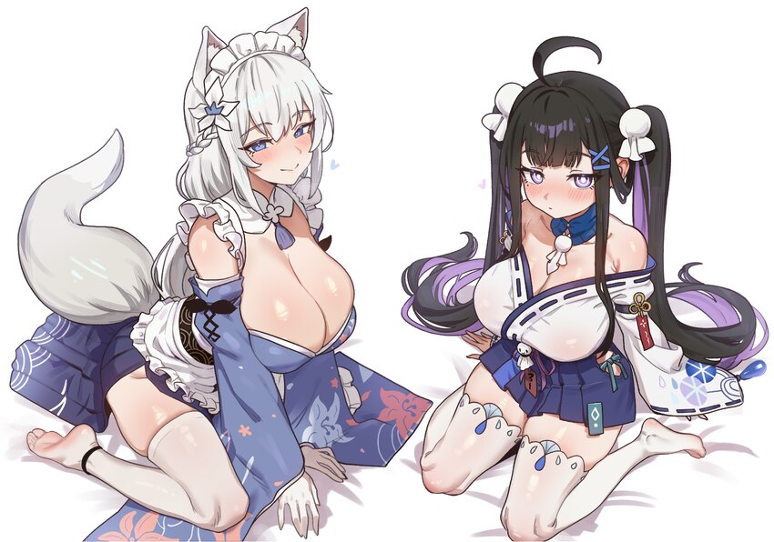 2girls absurdres ahoge animal ears bare shoulders barefoot black hair blue eyes blue hakama blue kimono blue skirt blush breasts chitose (stella sora…