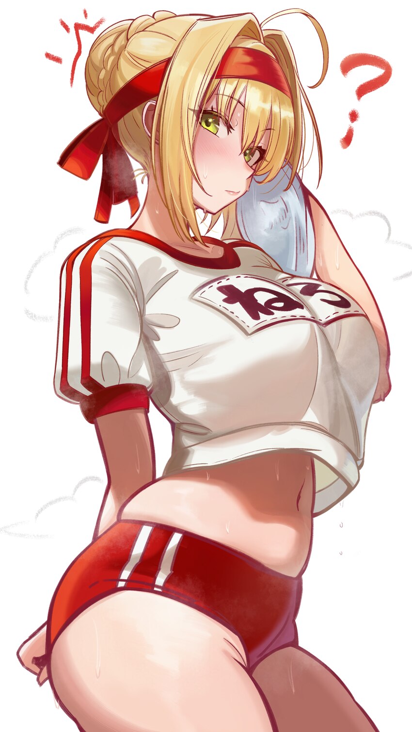 0nineo9 1girl absurdres ahoge blonde hair blush braid breasts buruma commentary fate/grand order fate (series) green eyes gym shirt hair bun hair int…