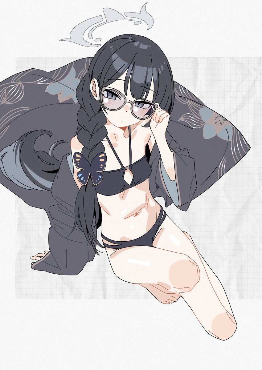 1girl absurdres bikini black bikini black hair black jacket blue archive braid butterfly hair ornament cleavage cutout clothing cutout commentary gre…