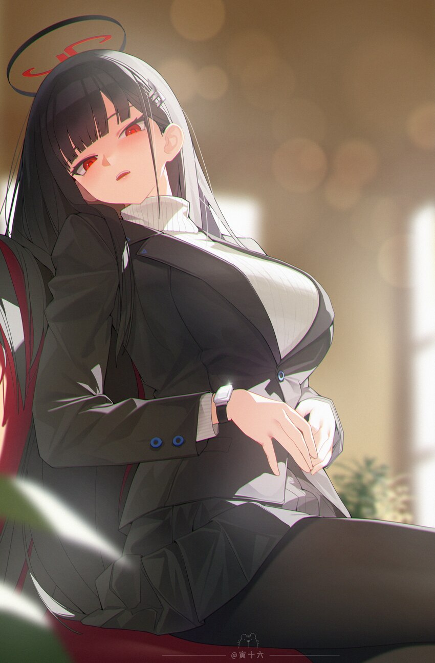 1girl absurdres artist name benpao de ruoji black hair black halo black pantyhose black skirt black suit blue archive blurry blurry background blush …