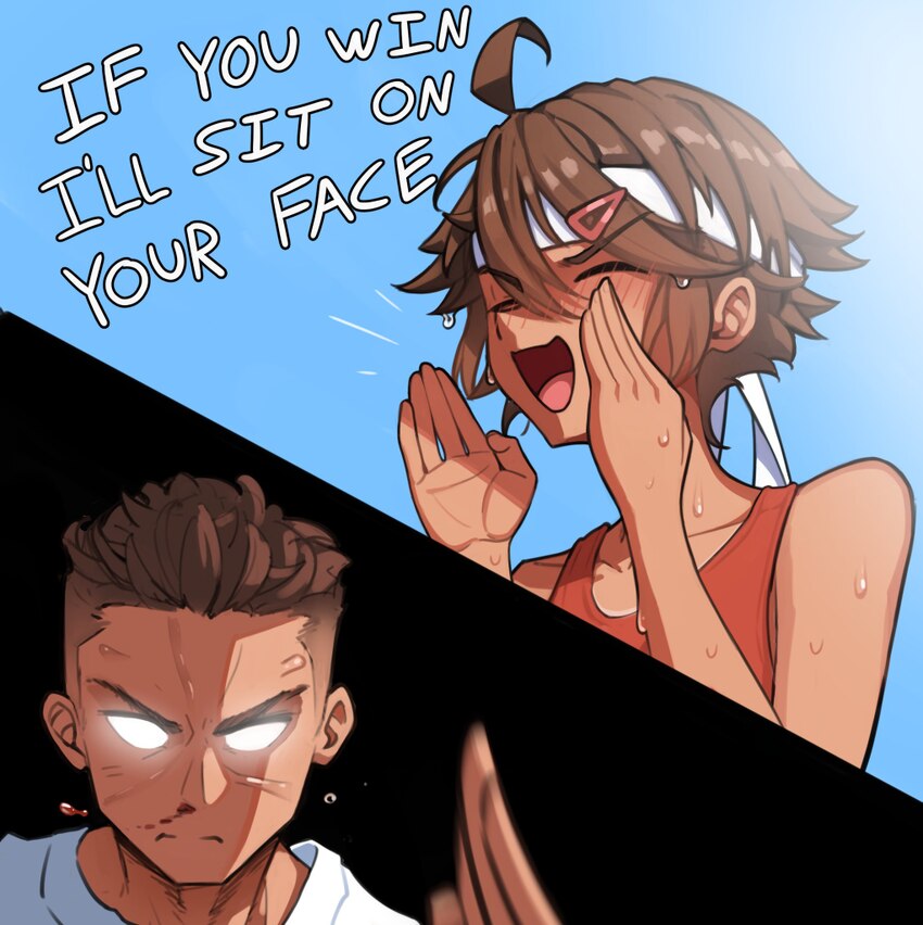 1boy 1girl ahoge blood blue sky blush brown hair clear sky closed eyes commentary empty eyes english commentary english text glowing glowing eyes hai…