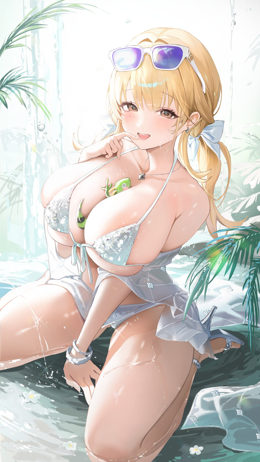 1girl absurdres bikini blonde hair breasts brown eyes chameleon cleavage commentary request eyewear on head goddess of victory  nikke hair ribbon har…