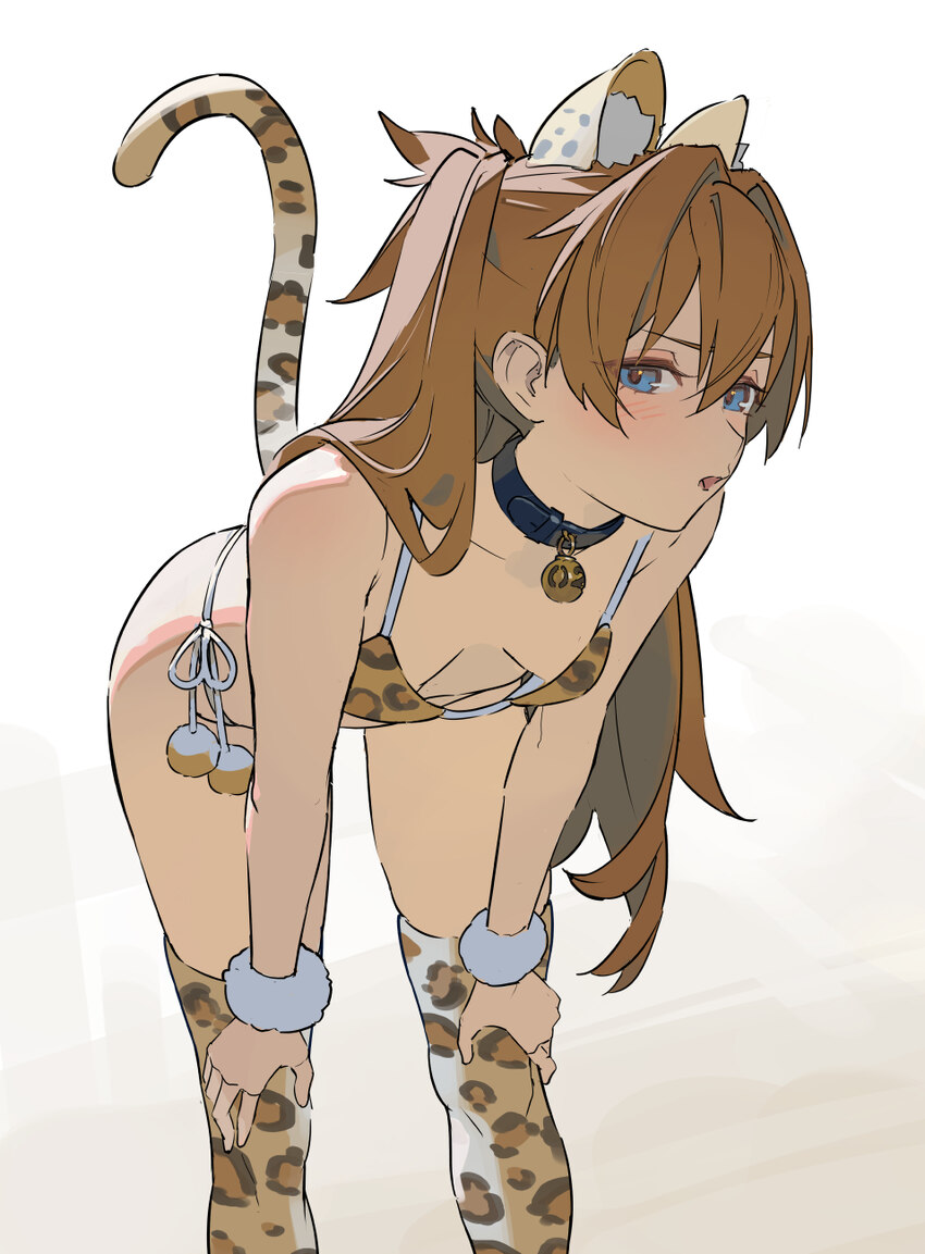 1girl animal collar animal ear fluff animal ears animal print bell bikini blue eyes blush collar commentary english commentary extra ears feet out of…