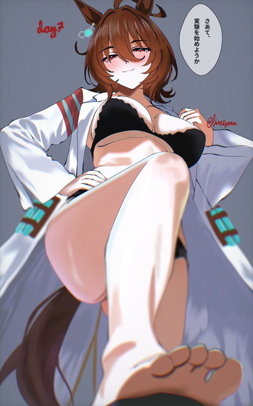 1girl agnes tachyon (umamusume) ahoge animal ears barefoot black bra black panties blurry blush bra breasts brown hair closed mouth coat depth of fie…