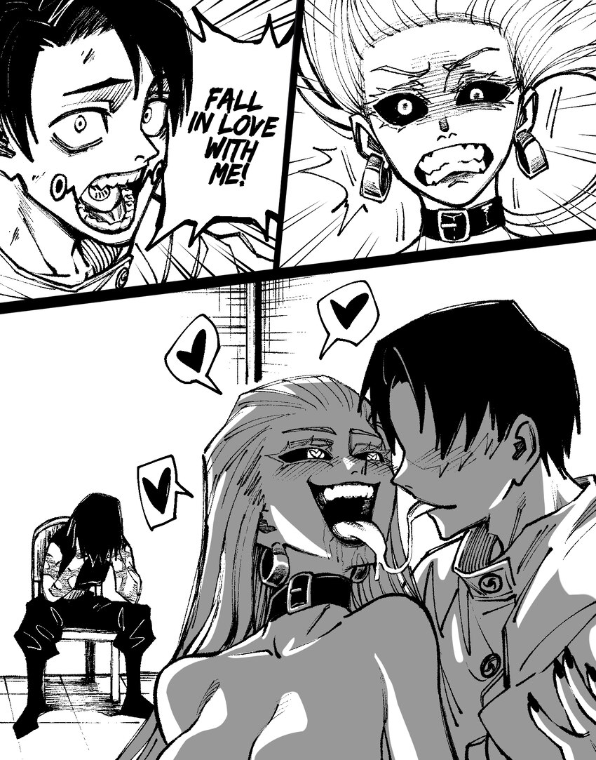 1boy 2girls belt collar black sclera collar colored sclera comic cuck chair (meme) cursed speech (jujutsu kaisen) dingotoad greyscale heart hetero hi…