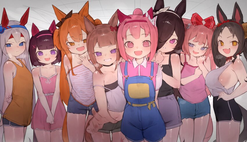 + + 6+girls absurdres aged down agnes digital (umamusume) animal ears arm behind back bare arms bare shoulders black shirt blue eyes blunt bangs blus…